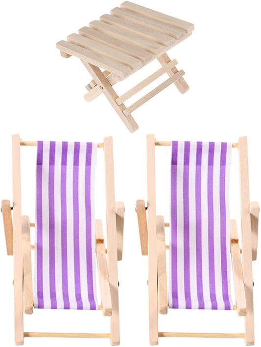 STOBOK Beach Accessories 3 Pcs Miniature Beach Chair Foldable Wooden Beach Chair Mini Lounge Chair Model Stripe Sunbath Chair and Desk Set Adorn for Kids Adults (Purple) Tiny Home
