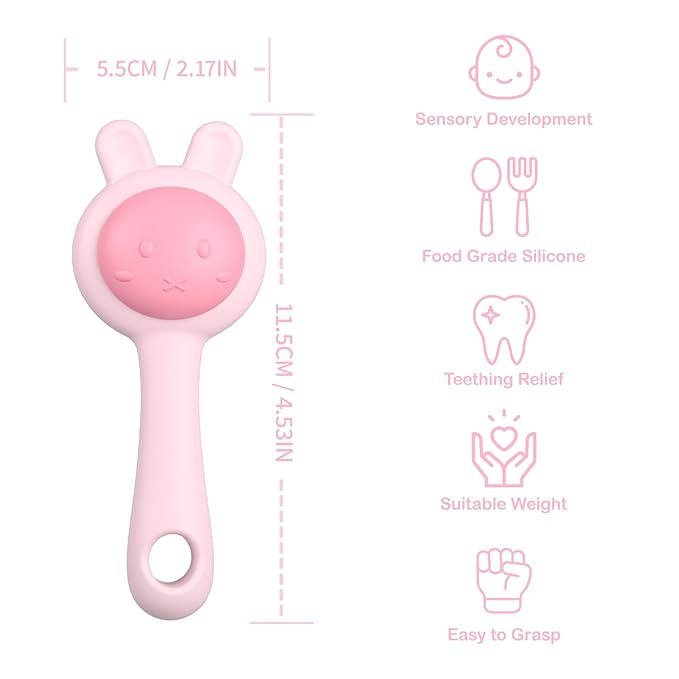 Textured Silicone Teething Toys for Baby, 2 in 1 Rattle and Teether Toy 0+ Months