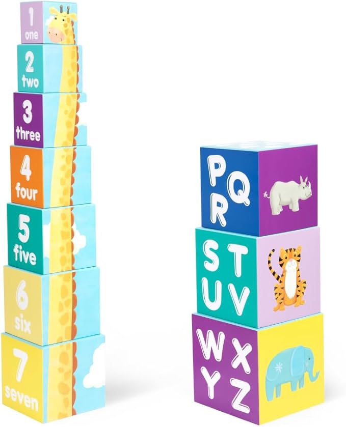 Baby Stacking Blocks Jungle Safari Animal Toys with Letters and Numbers, Montessori Cubes for Toddlers