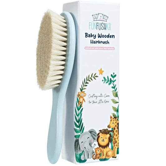 Baby Hair Brush with Soft Goat Bristles - Wooden Cradle Cap Brush for Newborns, Infants, Toddlers, and Kids - Gentle Scalp Grooming and Styling for Baby Girls and Boys (Sky)
