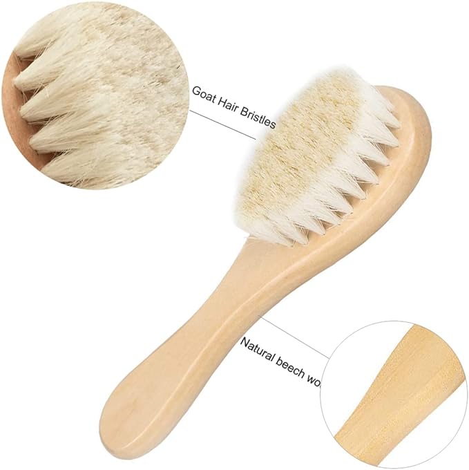 Baby Hair Brush, Mocokkiti Goat Bristles Brush and Baby Cradle Cap Brush Set for Cradle Cap Wood Bristle Brush for Newborns and Toddlers 2PCS