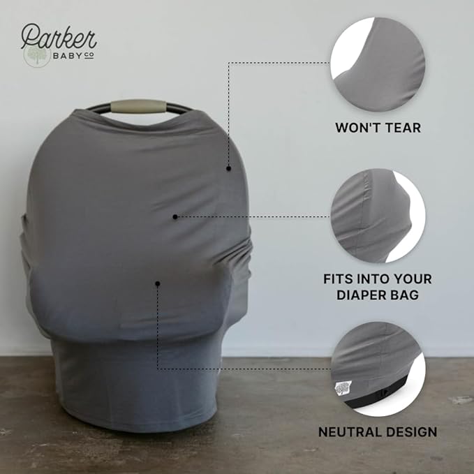 Parker Baby 4 in 1 Car Seat Cover for Girls and Boys - Stretchy Carseat Canopy, Nursing Cover, Grocery Cart Cover, High Chair Cover - “Pewter”