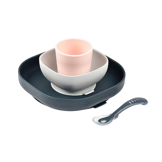 BEABA Silicone 4 Piece Baby Feeding Set, Suction Plates for Baby, Includes Plate, Bowl, Cup, 2nd Stage Silicone Spoon, High Grade Food Safe Silicone, Midnight