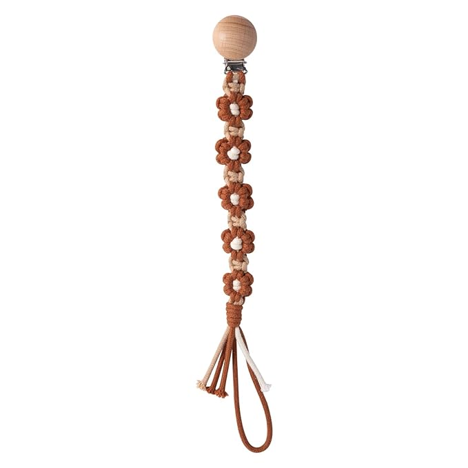 Pacifier Clip for Boys Girls Floral Daisy Macrame Paci Clip Boho Wooden Clips Handmade Braided Cotton Pacifier Holder Leash Baby Shower Birthday Gift (Caramel）