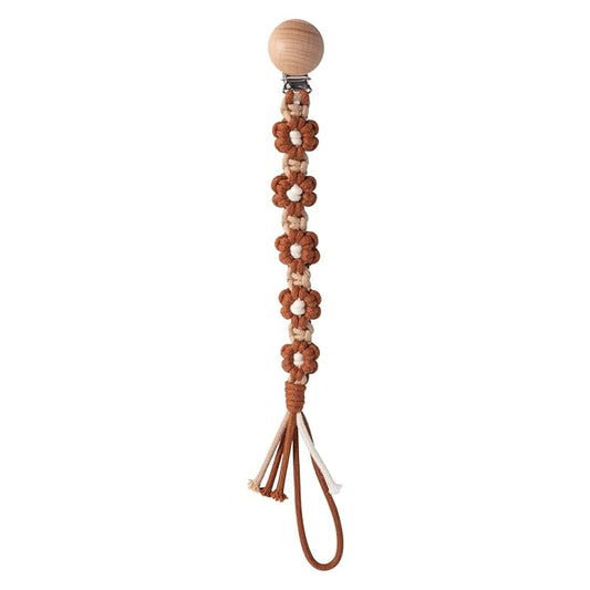 Pacifier Clip for Boys Girls Floral Daisy Macrame Paci Clip Boho Wooden Clips Handmade Braided Cotton Pacifier Holder Leash Baby Shower Birthday Gift (Caramel）