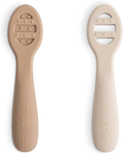 mushie Silicone First Feeding Baby Spoons | 2 Pack (Natural/Shifting Sand)