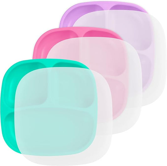 Re-Play Made in USA 7" Deep Walled Divided Plates for Kids, Set of 3 With 3 Lids - Reusable 3 Compartment Plates, Dishwasher and Microwave Safe - 7.37" x 7.37" x 1.25", Sparkle