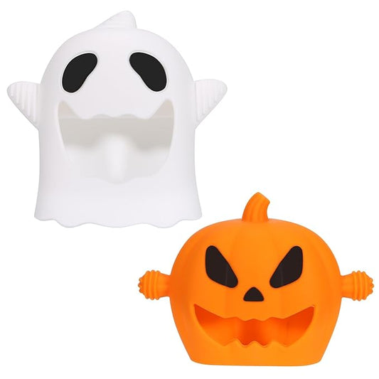 Halloween Baby Teething Mitten Toys 2Pack, Silicone Pumpkin & Ghost Teethers for Newborns