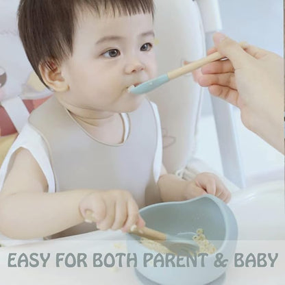 Ginbear Silicone Baby Spoon and Fork Self-feeding, Baby Flatware Sets for Boy, Toddler Feeding Utensils for Child 6 Months+ (Gray/Blue)