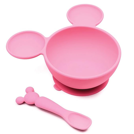Bumkins Baby Bowls, Disney Minnie Mouse Silicone Baby Feeding Set, Suction Bowls for Baby and Toddler with Spoon, First Feeding Set, Platinum Silicone Bowl for Babies 4 Months