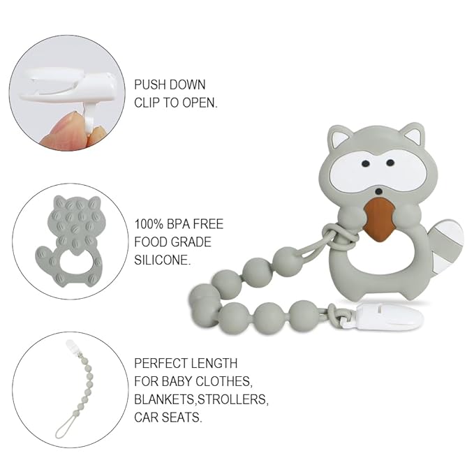 Baby Teething Toys,Food Grade Silicone Teether with One-Piece Pacifier Clip Holder 3 Months+