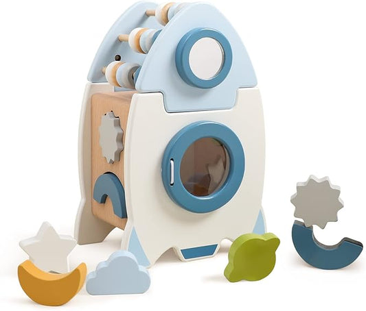 ibwaae Wooden Rocket Activity Cube, Space Busy Board Toys 5 in 1 Shape