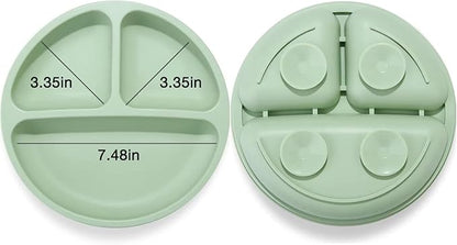 PandaEar Silicone Baby Feeding Set| 2 Pack Silicone Divided Suction Plate with 2 Pack Spoons | Baby Led Weaning Supplies Self Feeding Eating Utensils (Green/Grey)