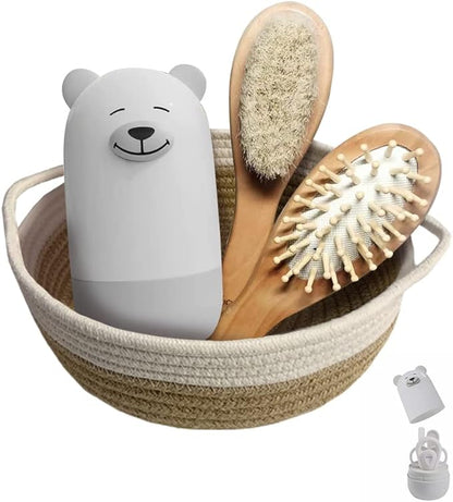 Baby 7 in 1 Grooming Set, Nail Scissors, Nail File, Tweezers, Natural Wood Hair Comb, Storage Basket for Children and Newborns in Beautiful Gift Box