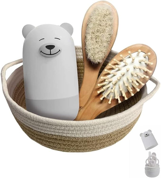 Baby 7 in 1 Grooming Set, Nail Scissors, Nail File, Tweezers, Natural Wood Hair Comb, Storage Basket for Children and Newborns in Beautiful Gift Box