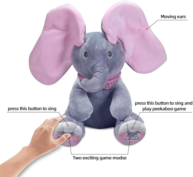 OMGOD Peek a Boo Elephant Stuffed Animals, Plush Toy for Baby Girls Hide-and-Seek Game Toy Singing Interactive Musical Toys 6 month 1+ Year Doll-12