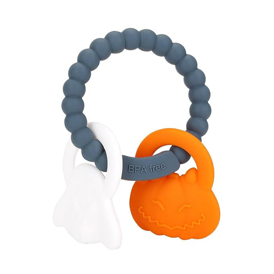 Silicone Teething Ring Toy, Halloween Baby Teether Toys with Rattles Pumpkin and Ghost 3-6-12 Months