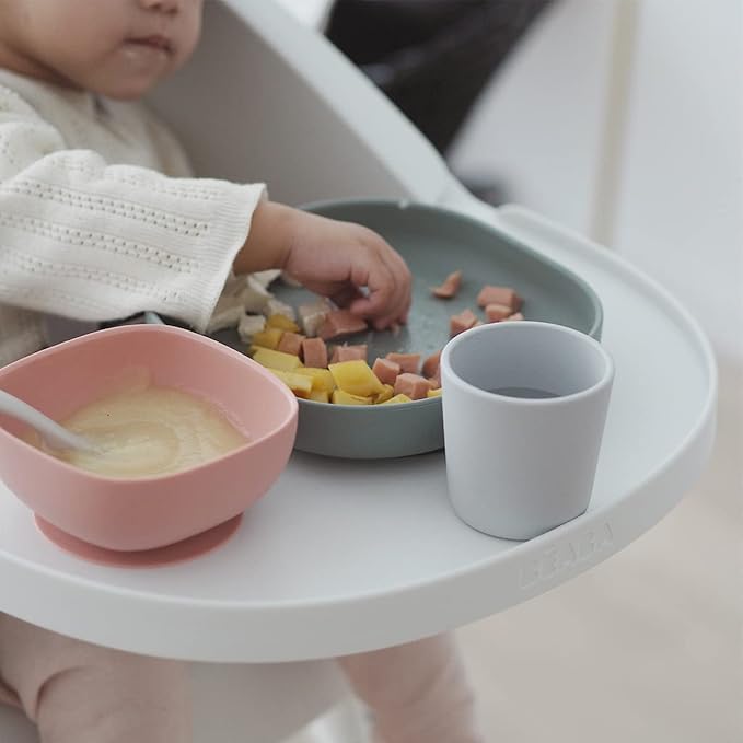 BEABA Silicone 4 Piece Baby Feeding Set, Suction Plates for Baby, Includes Plate, Bowl, Cup, 2nd Stage Silicone Spoon, High Grade Food Safe Silicone, Baby Must Haves, Eucalyptus