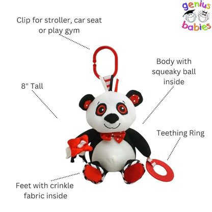 Genius Baby Toys Panda Soft Sensory Toy with Teething Ring for Baby, Attaches to Stroller 8"