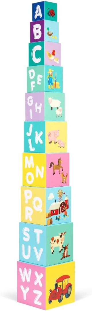 Baby Stacking Blocks Farmyard Animal Toys with Letters and Numbers, Montessori Cubes for Toddlers