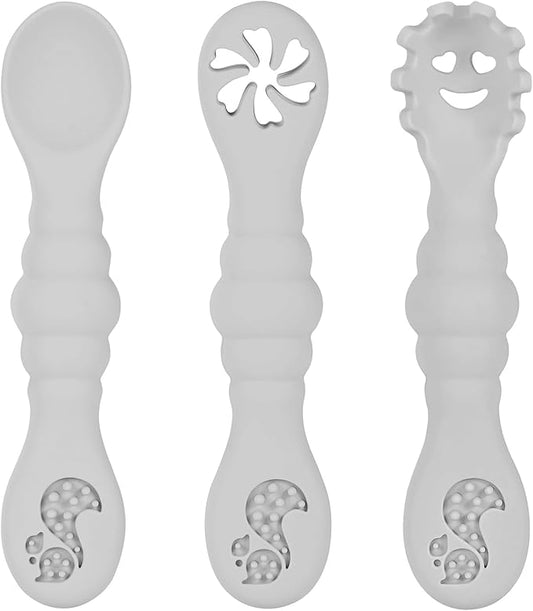 Silicone Baby Spoons Self Feeding 6+ Months 3PCS Toddler Forks and Spoons Utensils Baby Led Weaning Teething Spoon Infant Spoons First Stage Newborn Baby Essentials Baby Gifts BPA FREE Grey