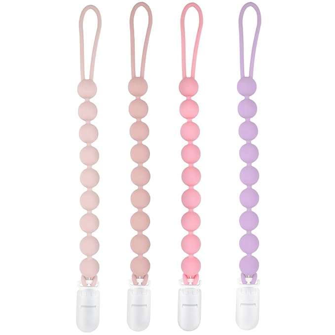 Silicone Pacifier Clip Holder, 4 Pack One Piece Soft Flexible Binky Clips Pacifier Holder Clip for Girls