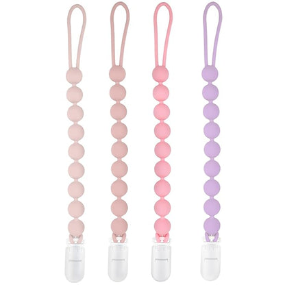 Silicone Pacifier Clip Holder, 4 Pack One Piece Soft Flexible Binky Clips Pacifier Holder Clip for Girls