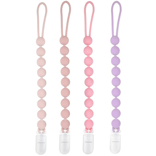 Silicone Pacifier Clip Holder, 4 Pack One Piece Soft Flexible Binky Clips Pacifier Holder Clip for Girls