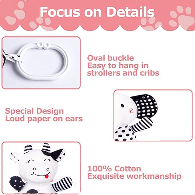 Baby Car Seat Toys, Black White Stroller Toy Stretch Baby Spiral Plush Toys, Hanging Rattle Toys for Crib Mobile, Newborn Sensory Toy Best Gift for 0 3 6 9 12 Months (Calf/Panda)