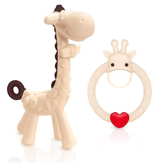 SHARE&CARE BPA Free Silicone Giraffe Baby Teether Toy with Storage Case, for 3 Months Above Infant Sore Gums Pain Relief and Baby Shower