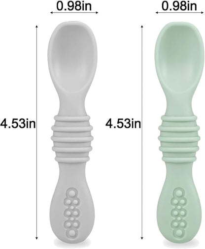 PandaEar Silicone Baby Feeding Set| 2 Pack Silicone Divided Suction Plate with 2 Pack Spoons | Baby Led Weaning Supplies Self Feeding Eating Utensils (Green/Grey)