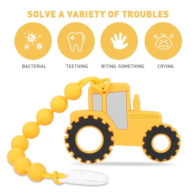 Baby Construction Vehicles Teething Toys,Food Grade Silicone Teether with One-piece Pacifier Clip Holder 3 Months+