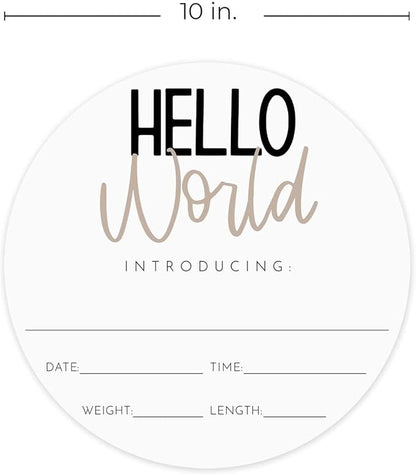 Neutral Hello World Newborn Announcement Sign / 10" Round Dry