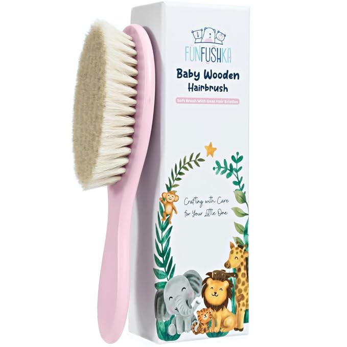 Baby Hair Brush with Soft Goat Bristles - Wooden Cradle Cap Brush for Newborns, Infants, Toddlers, and Kids - Gentle Scalp Grooming and Styling for Baby Girls and Boys (Rosa)