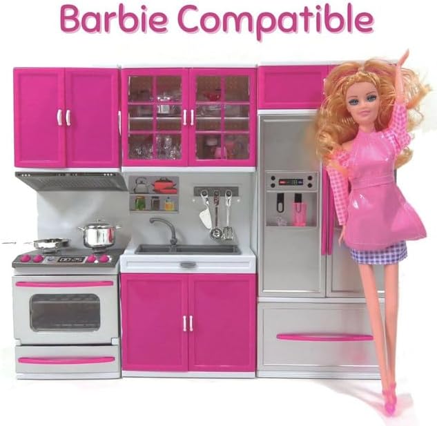 Liberty Imports Doll Kitchen Playset for Kids, My Modern Mini Kitchen House Furniture Pretend Play Toy Accessories Set with Realistic Lights & Sounds for Toddlers, Girls (3-in-1)