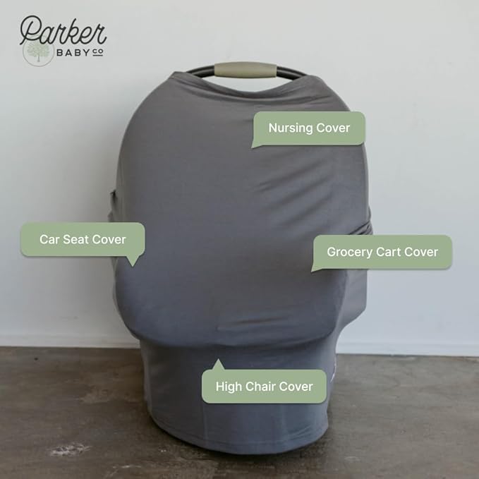Parker Baby 4 in 1 Car Seat Cover for Girls and Boys - Stretchy Carseat Canopy, Nursing Cover, Grocery Cart Cover, High Chair Cover - “Pewter”