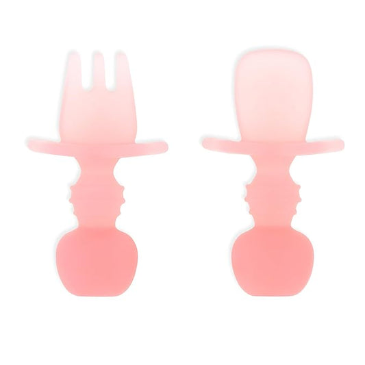 Bumkins Baby Utensils Set, Chewtensils Silicone Spoons for Dipping, Self-Feeding, Baby Led Weaning, Trainer Learning, First Stage Eating, Soft Practice Fork and Spoon, Babies 6 Months, Pink Jelly