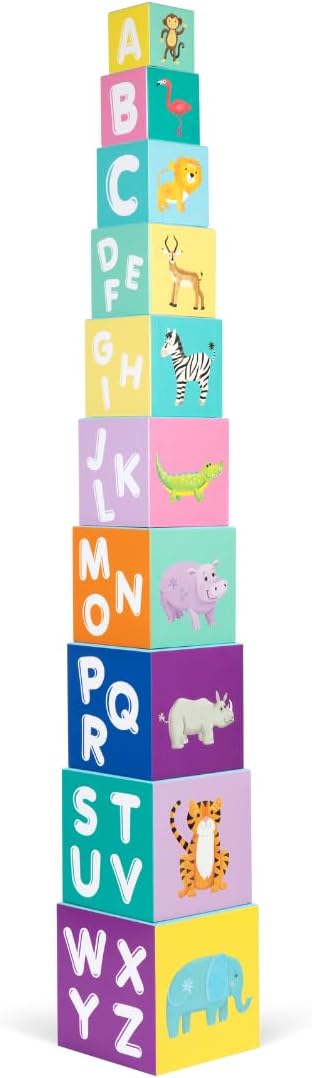 Baby Stacking Blocks Jungle Safari Animal Toys with Letters and Numbers, Montessori Cubes for Toddlers