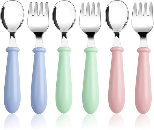 Pimoys 6 Pieces Toddler Utensils Kids Silverware Baby Forks and Spoons Set, Stainless Steel Childrens Safe Flatware Metal Kids Cutlery Set with Round Handle, Dishwasher Safe
