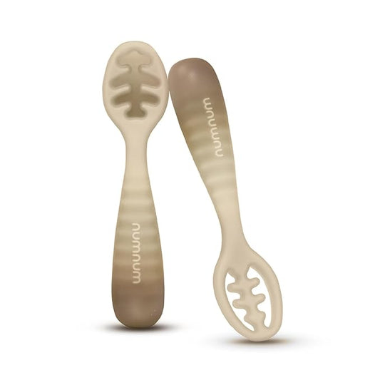 NumNum Baby Spoons Set, Pre-Spoon GOOtensils for Kids Aged 12+ Months - First Stage, Baby Led Weaning (BLW) Spoon - Self Feeding, Silicone Toddler Food Utensils - 1-Pack, 2 Spoons, Beige