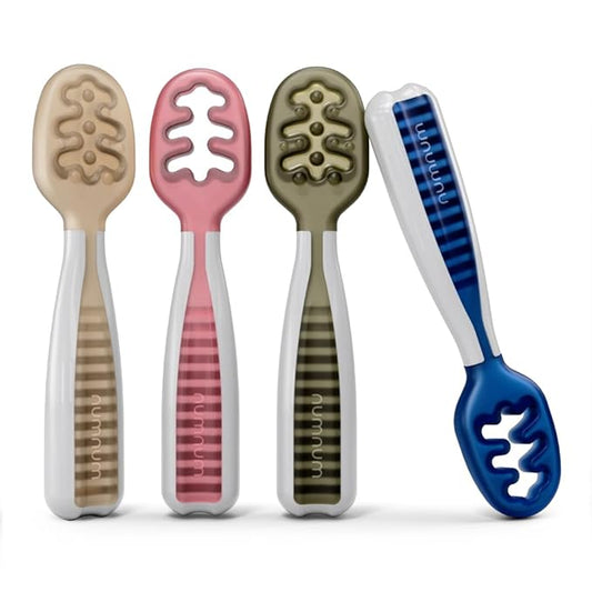 NumNum Baby Spoons Set, Pre-Spoon GOOtensils for Kids Aged 6+ Months - First Stage, Baby Led Weaning (BLW) Spoon - Self Feeding, Silicone Toddler Food Utensils - 4 Spoons, Neutral Colors