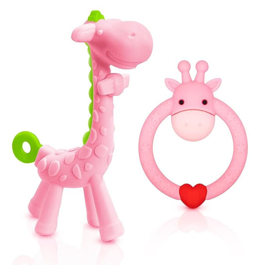 SHARE&CARE BPA Free Silicone Giraffe Baby Teether Toy with Storage Case, for 3 Months Above Infant Sore Gums Pain Relief and Baby Shower
