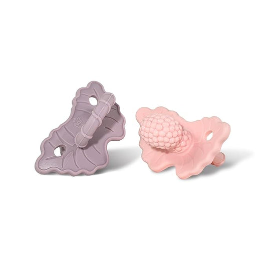 RaZbaby Soft Silicone Infant & Baby Teether, Berrybumps Textured Teething Relief Pacifier 3M+, Soothes Gums, Hands-Free & Easy-to-Hold Fruit-Shaped Design, BPA Free (Lavender & Pink, 2-Pack)