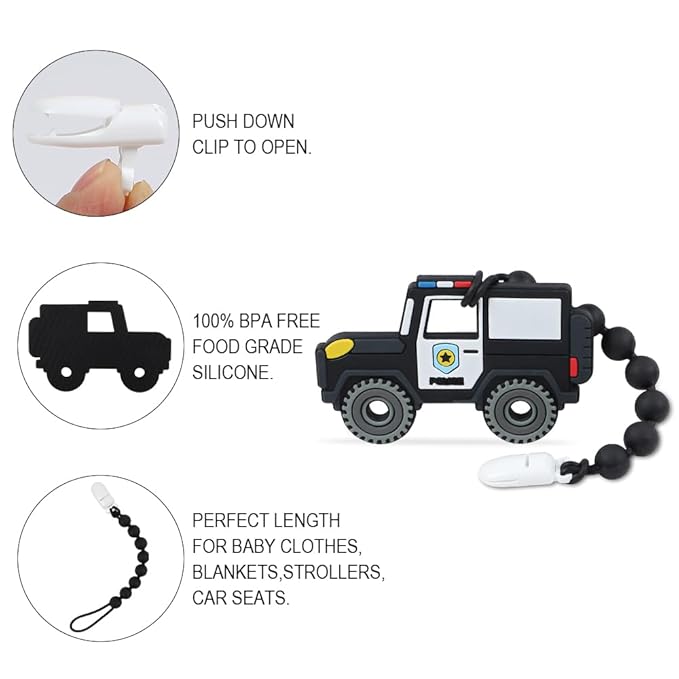 Baby Construction Vehicles Teething Toys,Food Grade Silicone Teether with One-piece Pacifier Clip Holder 3 Months+