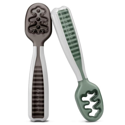 NumNum Baby Spoons Set, Pre-Spoon GOOtensils for Kids Aged 6+ Months - First Stage, Baby Led Weaning (BLW) Spoon - Self Feeding, Silicone Toddler Food Utensils - 2 Spoons, Gray/Green