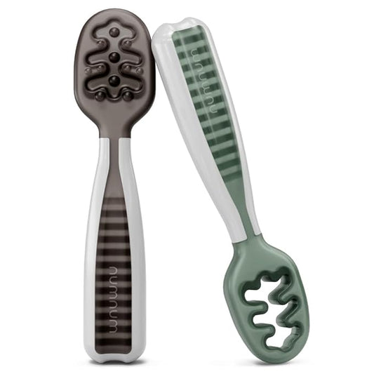 NumNum Baby Spoons Set, Pre-Spoon GOOtensils for Kids Aged 6+ Months - First Stage, Baby Led Weaning (BLW) Spoon - Self Feeding, Silicone Toddler Food Utensils - 2 Spoons, Gray/Green