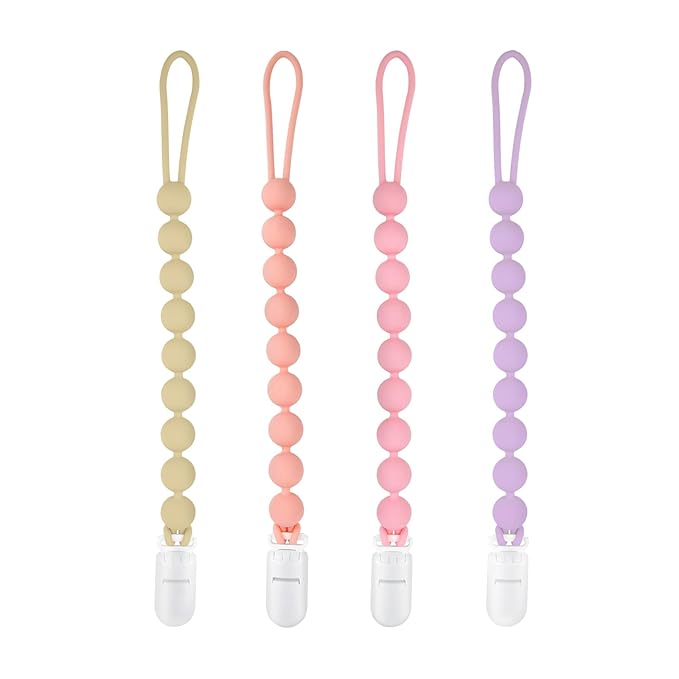 Silicone Pacifier Clip Holder, 4 Pack One Piece Soft Flexible Pacifier Holder Clip Binky Clips for Boys and Girls