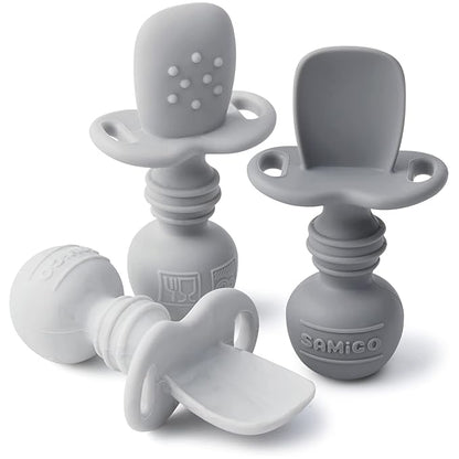 SAMiGO Silicone Baby Spoons Self Feeding 6+ Months - Infant Toddler Utensils - First Stage Baby Led Weaning Feeding Supplies - Set of 3 Pack