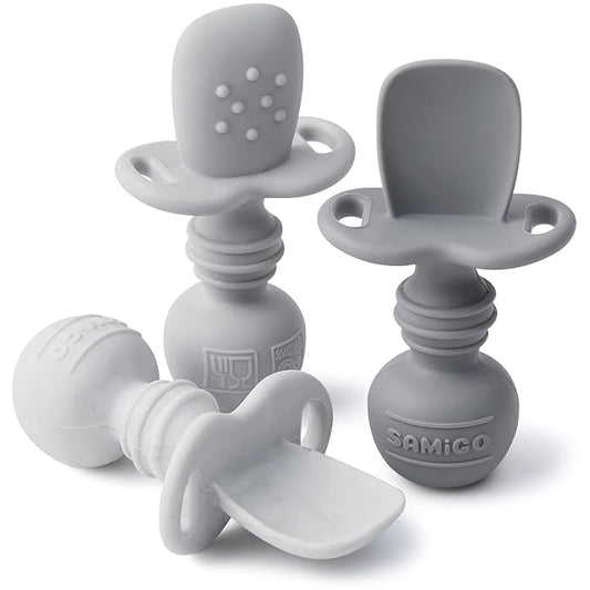 SAMiGO Silicone Baby Spoons Self Feeding 6+ Months - Infant Toddler Utensils - First Stage Baby Led Weaning Feeding Supplies - Set of 3 Pack