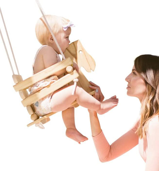 Wooden Horse Baby Swing for Outdoor Porch or Patio. Wood